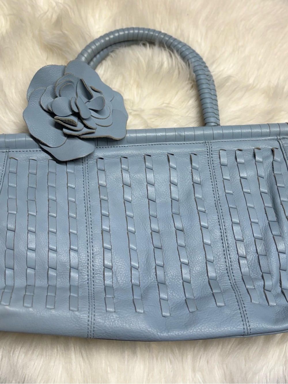 Kenneth Cole New York Powder Blue Woven Leather Satchel with Floral Accent